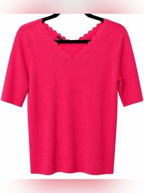 Talbots Scalloped V-Neck Short Sleeve Sweater - Fuchsia- M